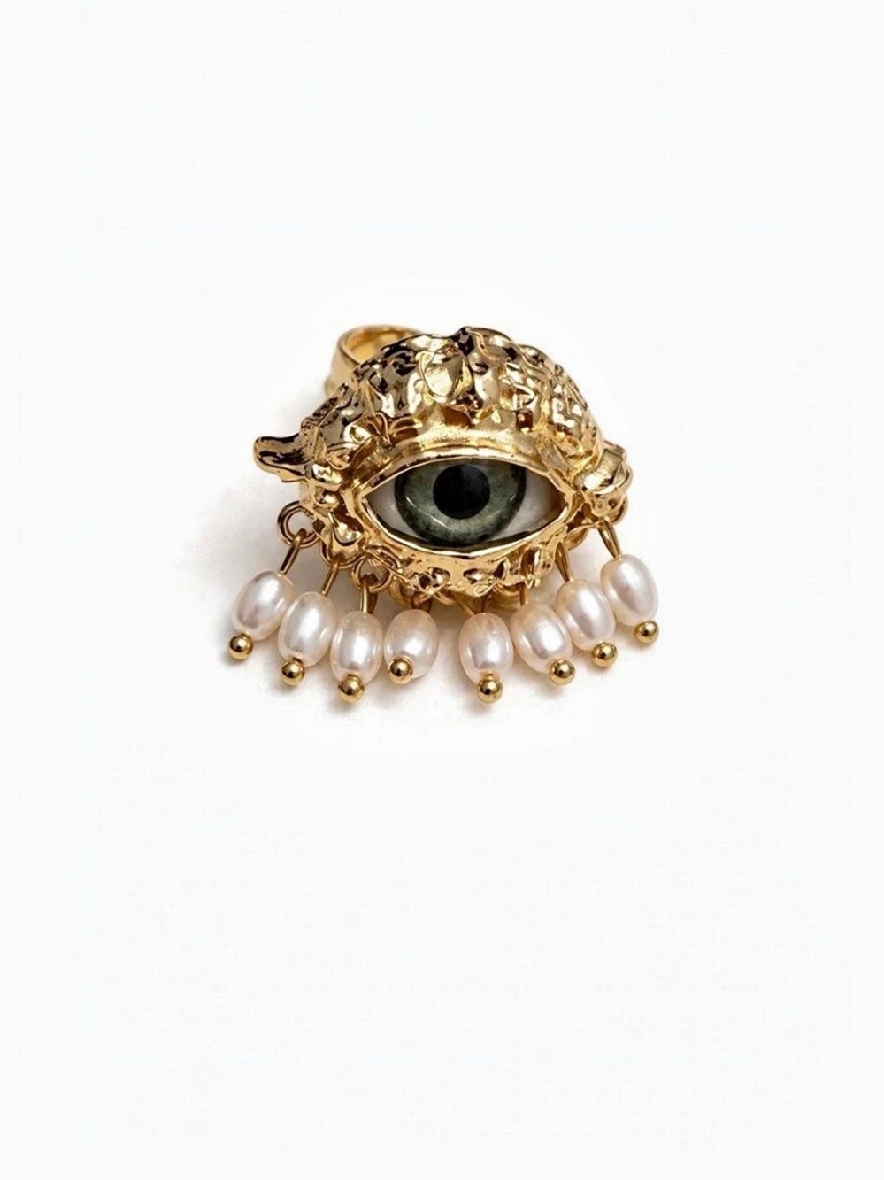 Evil Eye Pearl Fringe Ring Statement Eye Ring in Gold & White Like New